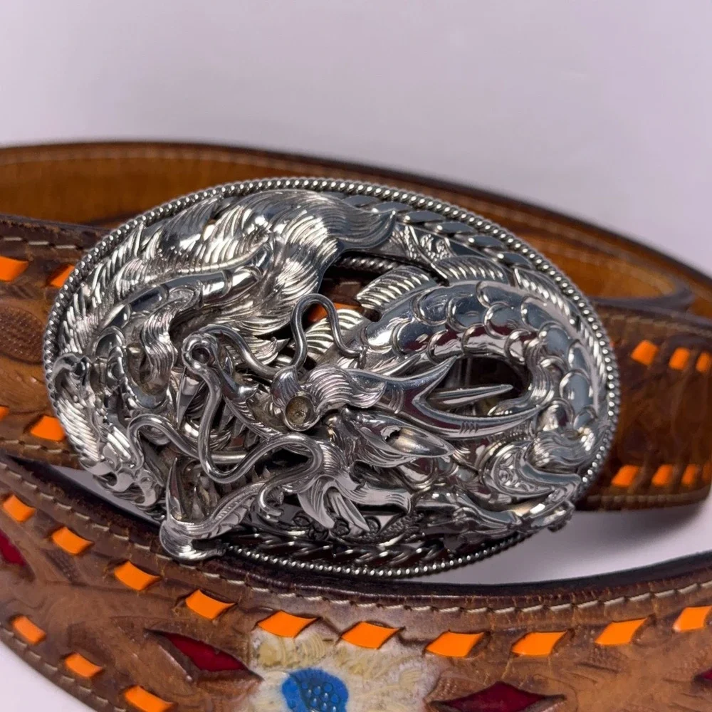 Heavy Leather Western Belt Mens‎ 44 Thai Dragon Stainless Steel Buckle